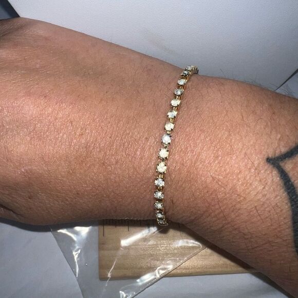 Vintage Gold Tone Prong Set Rhinestone Tennis Bracelet - Picture 1 of 5